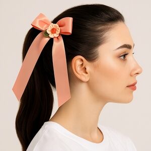 Hand Crafted Coquette bow with a hand knit Crochet White Rose and ribbon flower